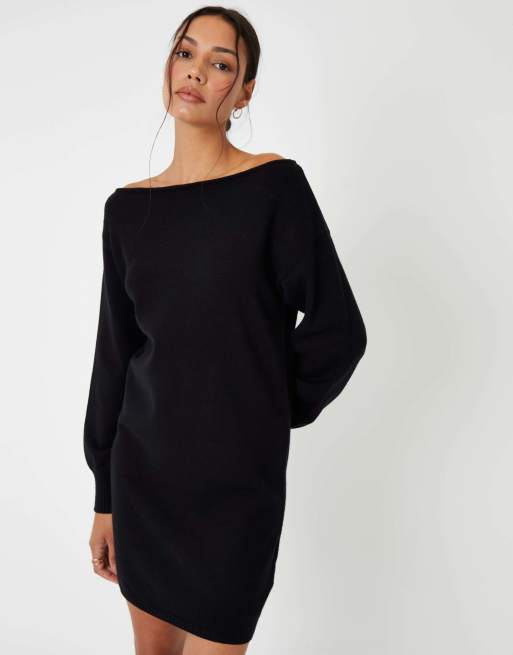 Threadbare Petite slash neck mini jumper dress in black, 3 of 4