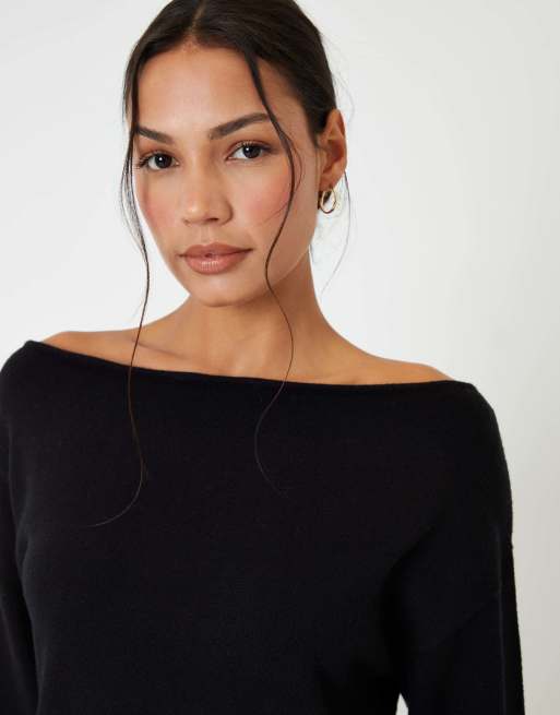 Threadbare Petite slash neck mini jumper dress in black, 4 of 4