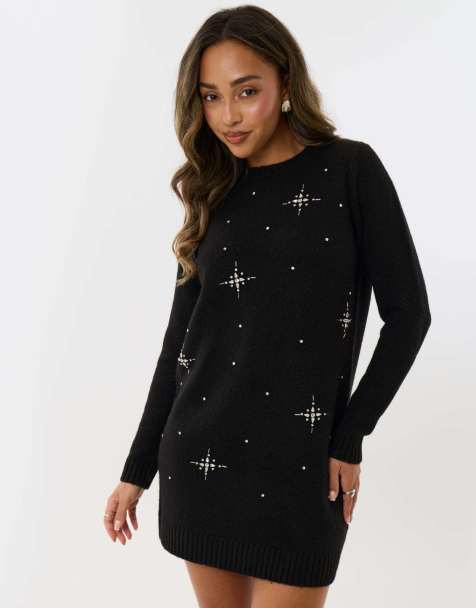Threadbare Petite star embellished knitted mini dress in black