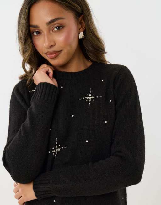 Threadbare Petite star embellished knitted mini dress in black, 2 of 4