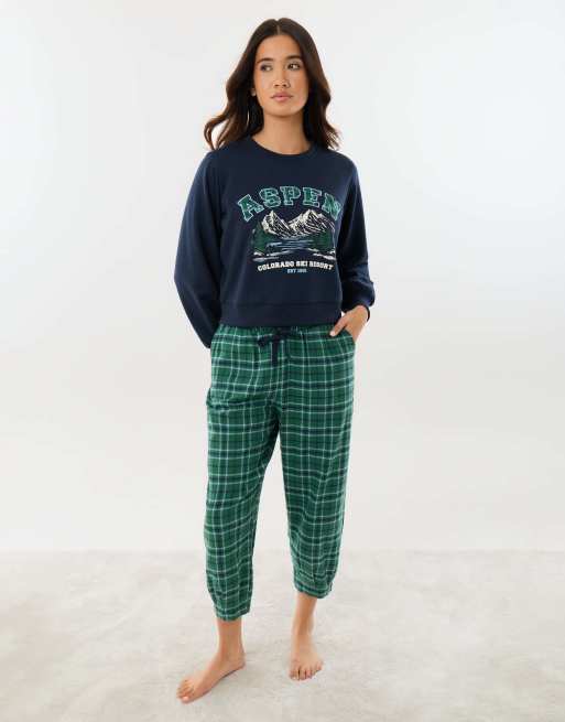 Threadbare Petite sweatshirt & barrel leg trousers pyjama set in green, 2 of 5