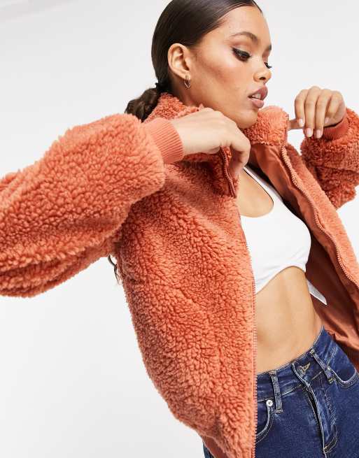 Threadbare Petite teddy zip through jacket in rust