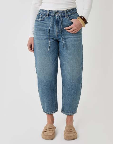 Threadbare Petite tie belt barrel leg jeans in mid blue - view 1