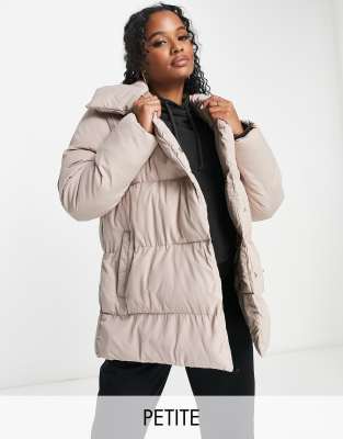 Threadbare Petite Topaz double breasted puffer jacket with shawl neck in taupe-Neutral