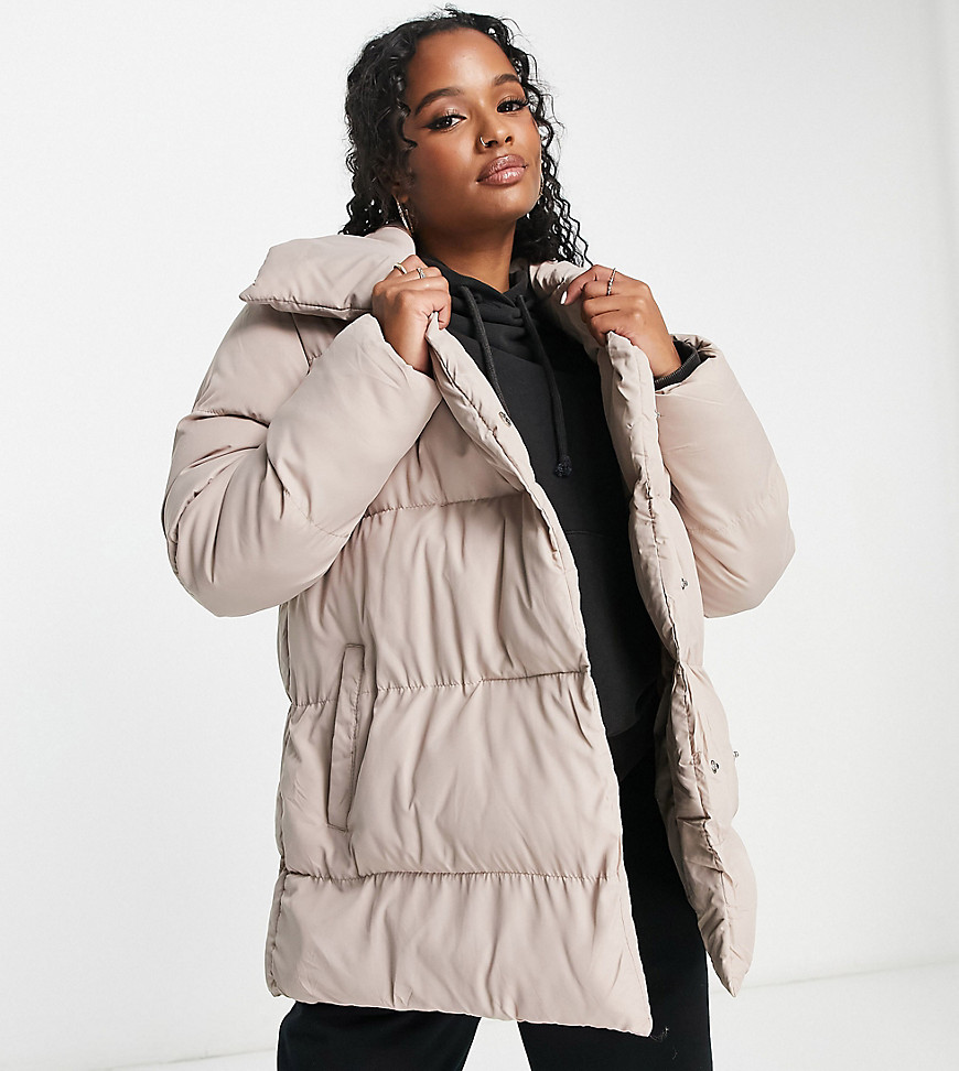 Threadbare Petite Topaz double breasted puffer jacket with shawl neck in taupe-Neutral
