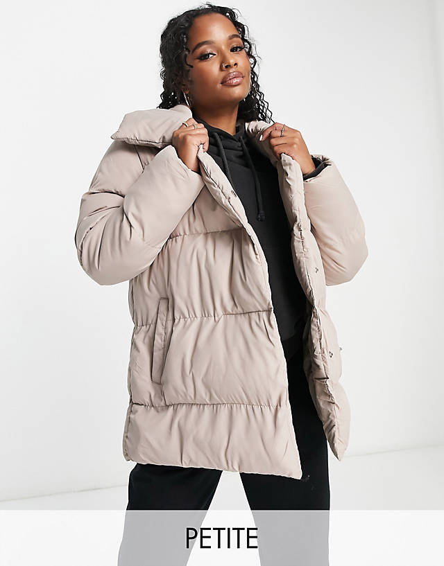 Threadbare - petite topaz double breasted puffer jacket with shawl neck in taupe