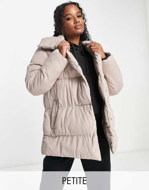 Threadbare Petite Topaz double breasted puffer jacket with shawl neck in  taupe