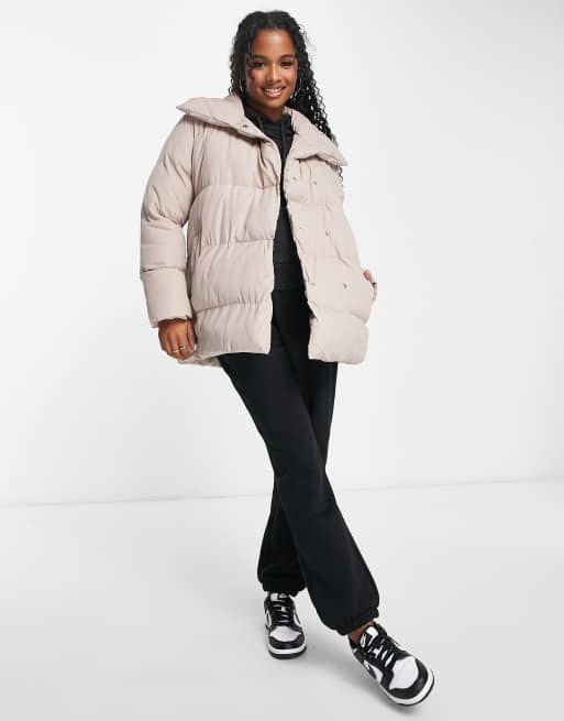 Threadbare Petite Topaz double breasted puffer jacket with shawl neck in  taupe