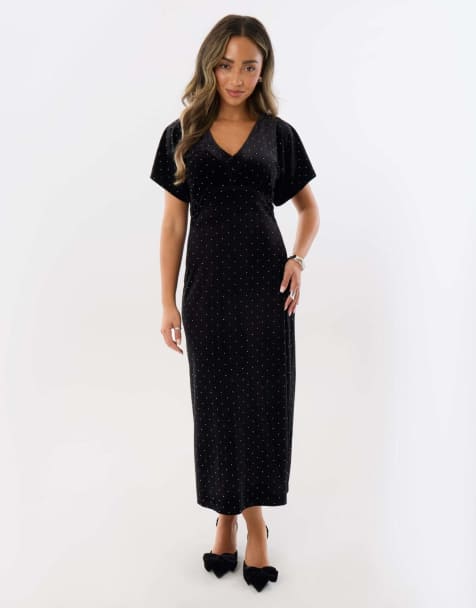 Threadbare Petite velvet hotfix underbust midaxi dress in black