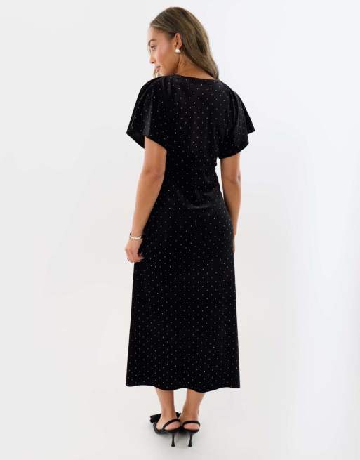Threadbare Petite velvet hotfix underbust midaxi dress in black, 2 of 4