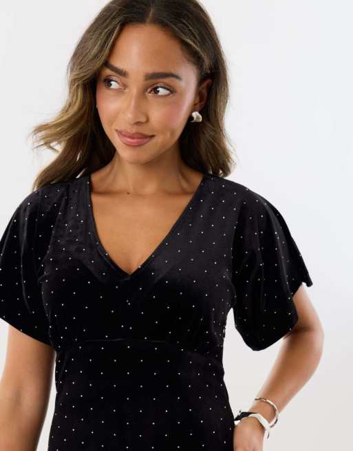 Threadbare Petite velvet hotfix underbust midaxi dress in black, 3 of 4