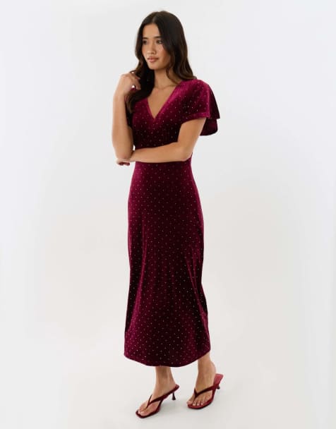 Threadbare Petite velvet hotfix underbust midaxi dress in burgundy - view 1