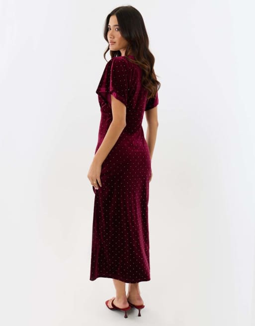 Threadbare Petite velvet hotfix underbust midaxi dress in burgundy, 2 of 4