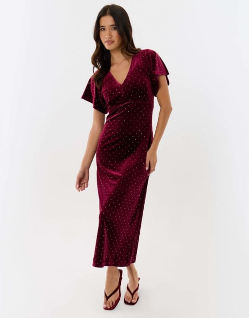 Threadbare Petite velvet hotfix underbust midaxi dress in burgundy, 4 of 4