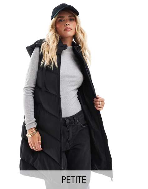 Threadbare Petite – Wattierte Longline-Weste in Schwarz mit Kapuze - view 1