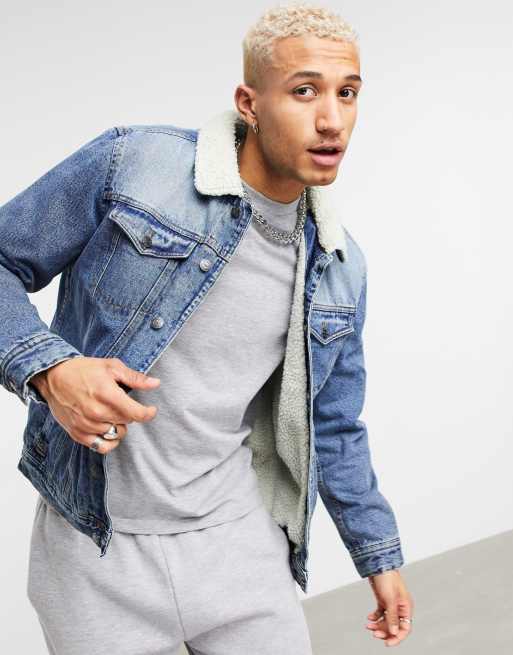 Threadbare Phillip sherpa lined jacket in denim stone wash | ASOS