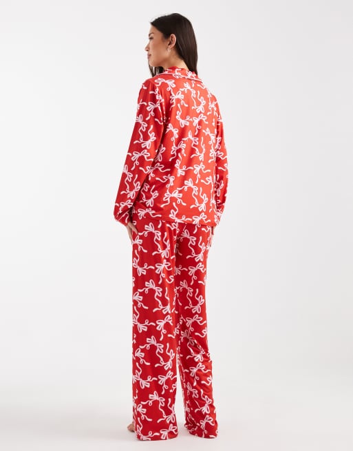 Threadbare - Pigiama a maniche lunghe rosso con stampa di fiocchi, 4 di 4