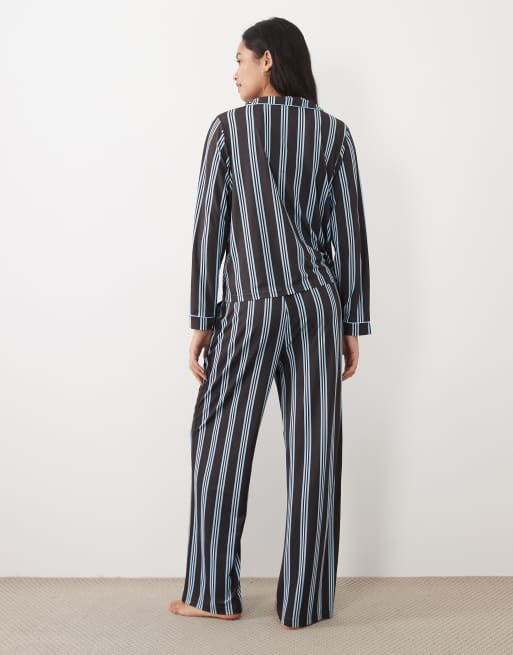 Threadbare pigiama con bottoni super morbido a righe cioccolato e blu, 4 di 4