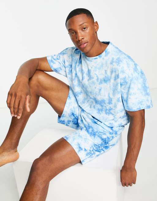 Threadbare Pine shorts lounge set in blue tie dye