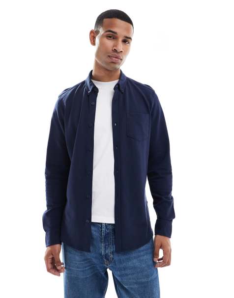 Threadbare - Piqué overhemd van katoenmix met lange mouwen in marineblauw - view 1