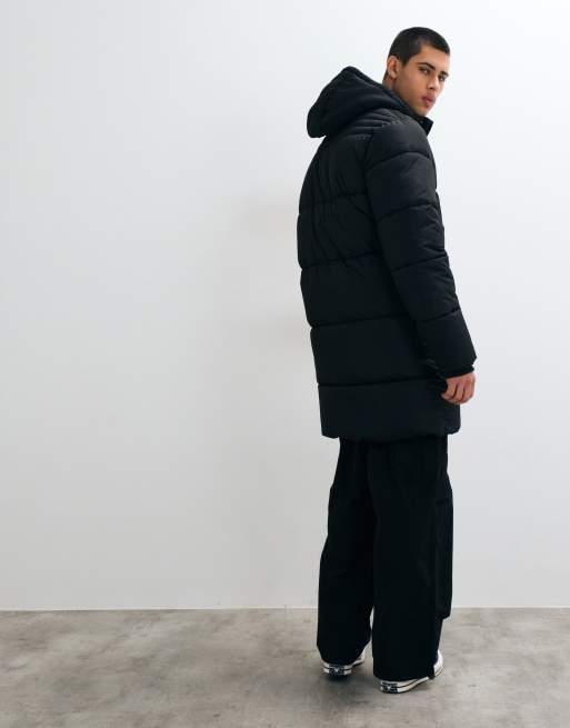 Threadbare piumino lungo con cappuccio impermeabile nero, 5 di 5