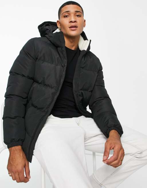 Threadbare - Piumino nero con cappuccio rimovibile e colletto con fodera in pile borg