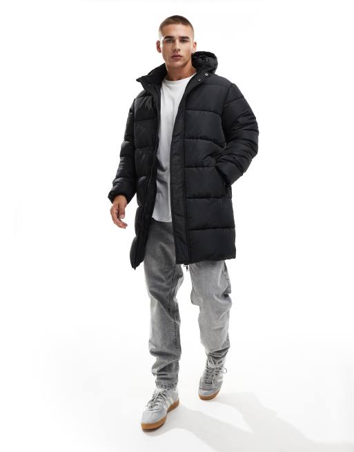 Threadbare - Piumino taglio lungo impermeabile nero con cappuccio