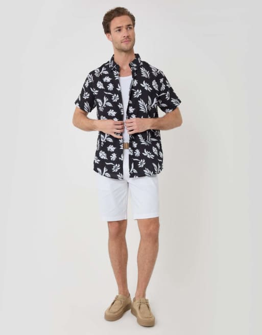 Threadbare Plant print cotton short sleeve shirt in black, 3 of 5