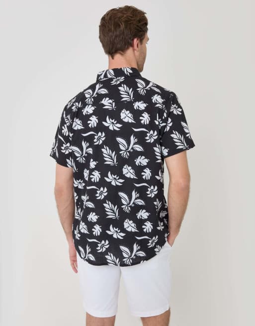 Threadbare Plant print cotton short sleeve shirt in black, 4 of 5