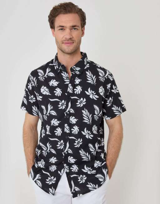 Threadbare Plant print cotton short sleeve shirt in black, 5 of 5