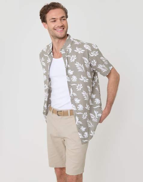 Threadbare Plant print cotton short sleeve shirt in pale green - view 1