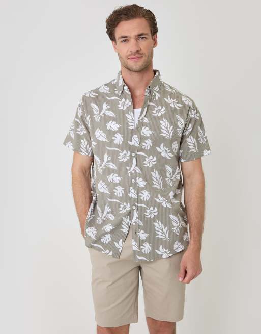 Threadbare Plant print cotton short sleeve shirt in pale green, 3 of 4