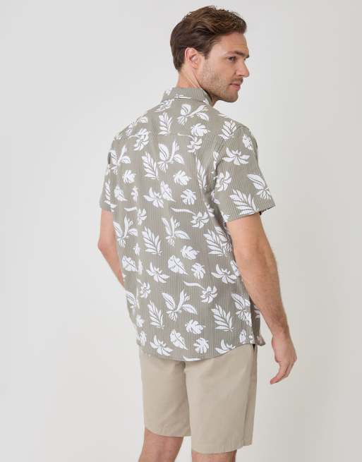 Threadbare Plant print cotton short sleeve shirt in pale green, 4 of 4