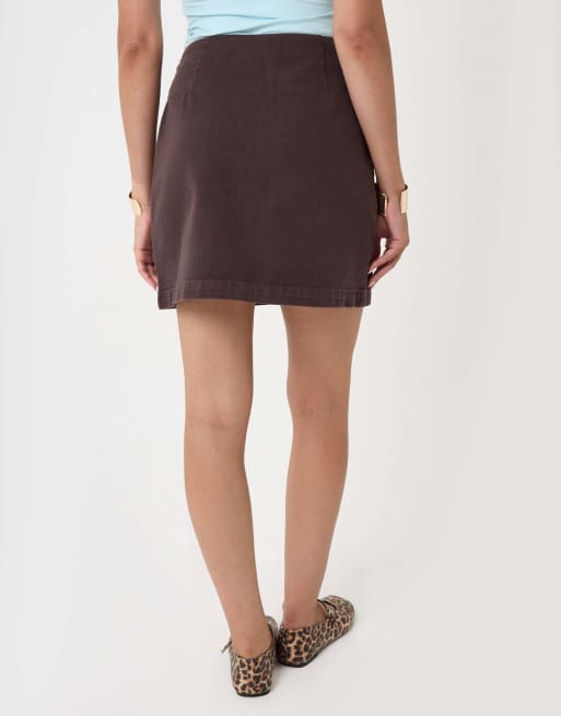 Threadbare Pleated denim wrap mini skirt in chocolate brown, 3 of 5