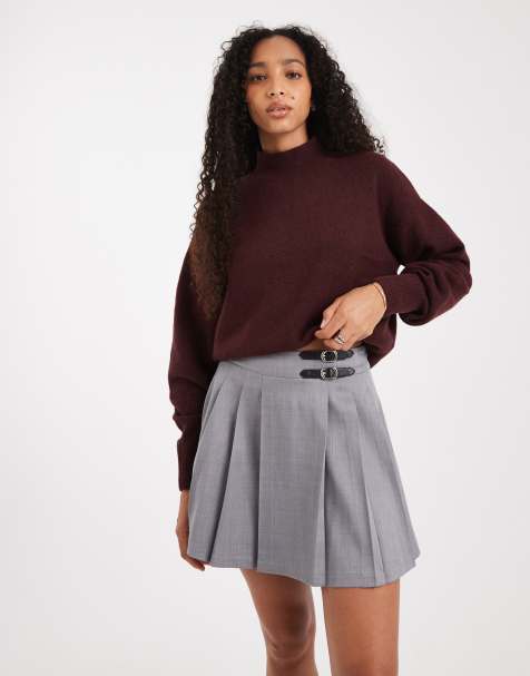 Threadbare pleated kilt mini skirt with buckle detail in grey