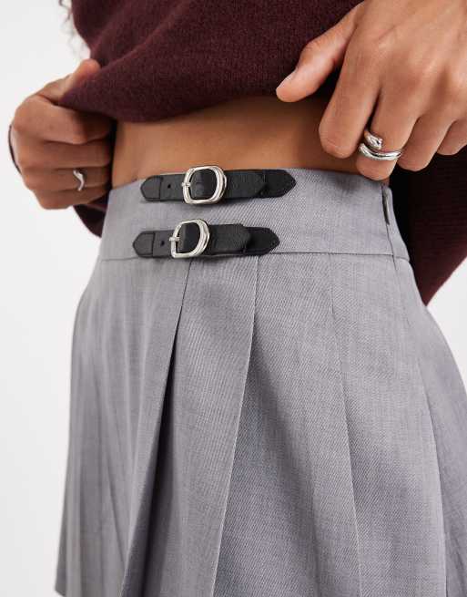 Threadbare pleated kilt mini skirt with buckle detail in grey ASOS