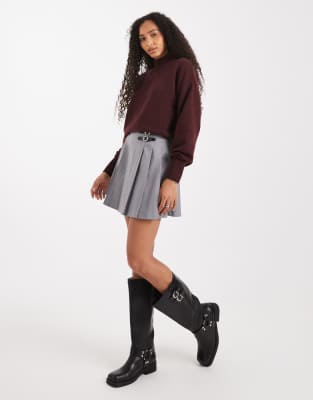 Threadbare Pleated Kilt Mini Skirt With Buckle Detailing In Gray
