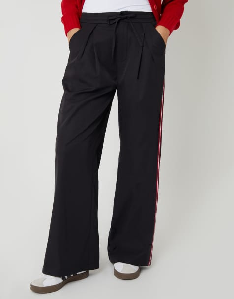 Threadbare Pleated side stripe wide leg trousers in black
