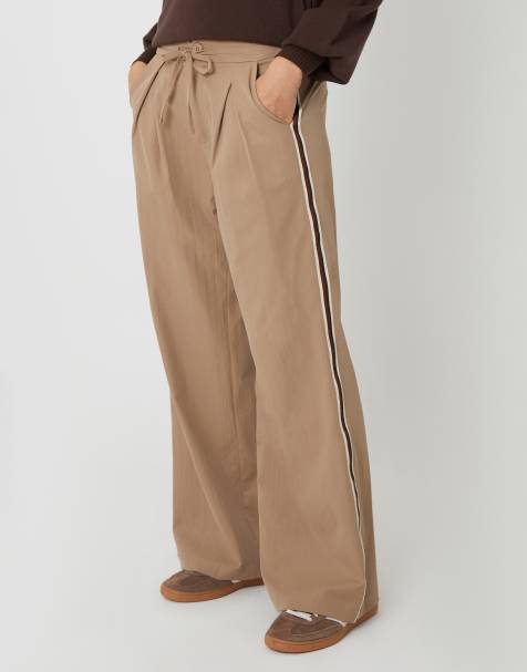 Threadbare Pleated side stripe wide leg trousers in taupe - view 1