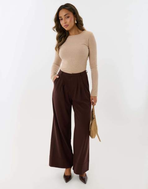 Threadbare Pleated wide leg trousers in brown in brown - view 1