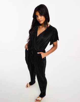 Threadbare - Plissierter Playsuit in Schwarz mit gewickelter Vorderseite