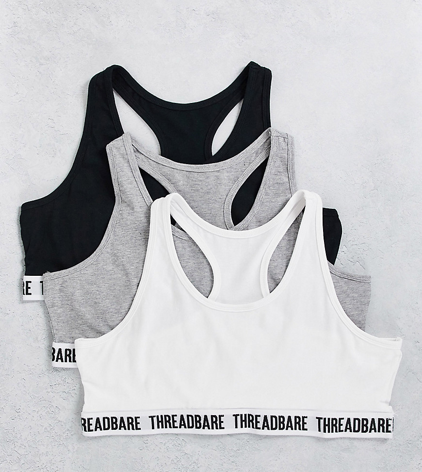 Threadbare Plus 3-pack logo crop tops in white/ gray/black
