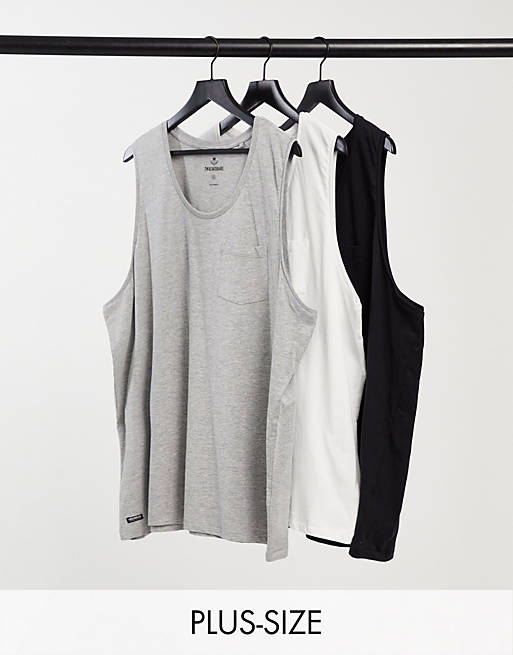 Threadbare Plus 3 pack vests in black grey and white