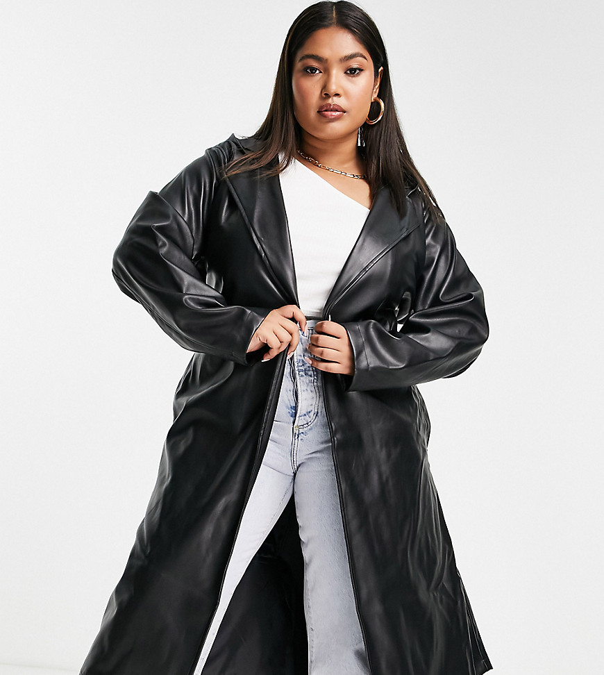 Threadbare Plus Acorn PU belted trench coat with hood in black