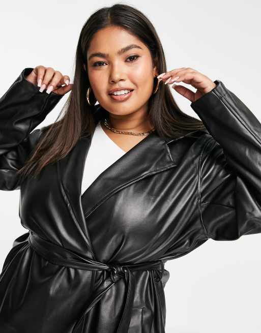 Threadbare Plus Acorn PU belted trench coat with hood in black ASOS