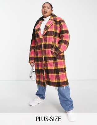 Threadbare Plus Bear oversized teddy borg coat in black and pink check