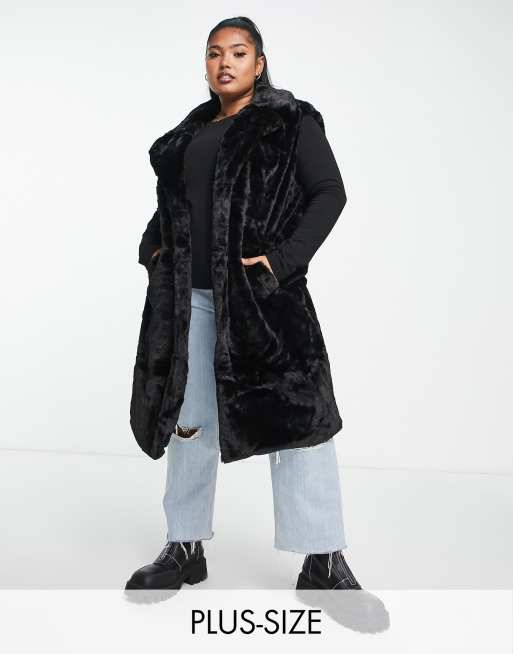 Threadbare Plus Bee faux fur longline vest in black | ASOS