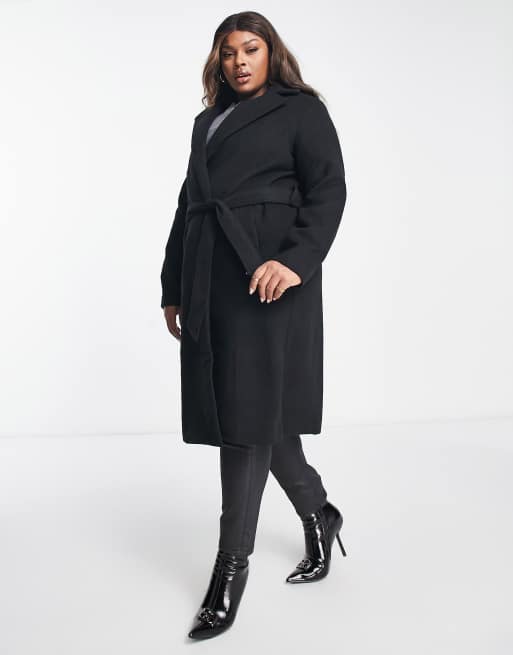 Plus Size Black Belted Wrap Coat