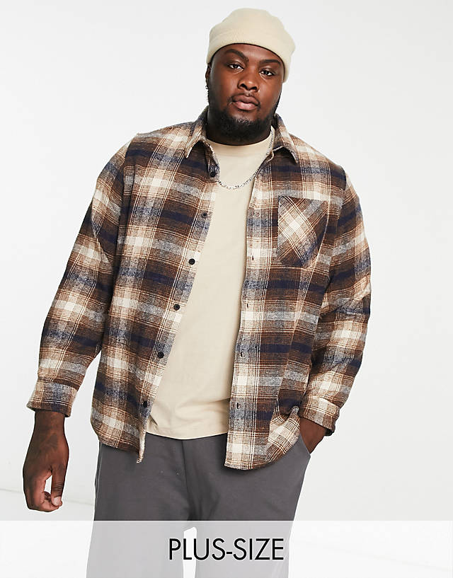 Threadbare - plus check overshirt in light brown and navy