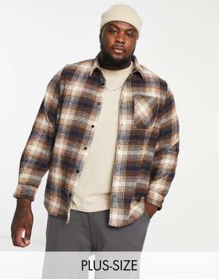 THREADBARE PLUS CHECKED OVERSHIRT IN LIGHT BROWN AND NAVY